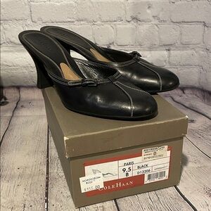Cole Haan Black Leather Mules with Bow Accent Sz 9.5